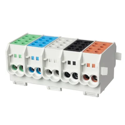 A product shot of a multi-colored terminal block.