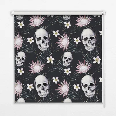 Produktbild von Seitenzug-Rollo Fensterrollo Jalousie - Thermo-Rollo Verdunkelungsrollo - 130x140 cm - Totenköpfe zwischen Blumen