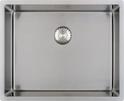 A top-down view of a stainless steel sink with a drain.
