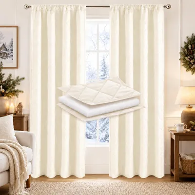 Produktbild von 2 Stück Thermovorhang Kälteschutz Dicker Gesteppter Vorhänge Winddicht Wärmeisolierend Gardinen Türvorhang, Beige, B140xH175cm