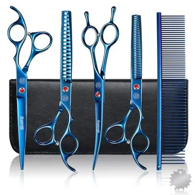 Produktbild von Moontay Fellschere Hundeschere professionelles Hundepflege-Scherenset Hundeschere Tierpflege-Schere mit Gebogene/Gerade/Chunker/Ausdünnungsschere Blau