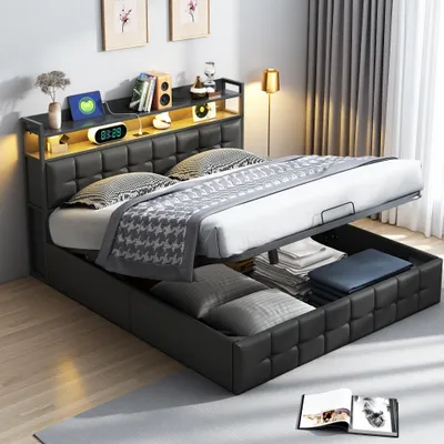 Produktbild von INONEFT Polsterbett 160x200 cm mit 2 USB, Hydraulisches Bett, Doppelbett mit Lattenrost, Kopfteil mit Stauraum und LED-Beleuchtung, Schwarz PU