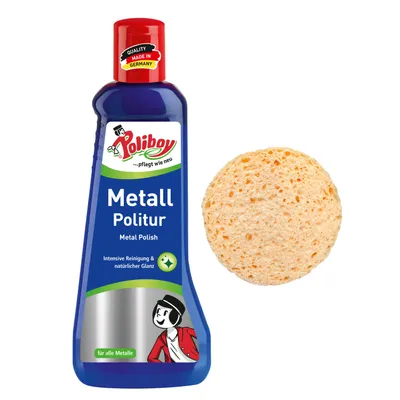 Produktbild von Poliboy Metall Politur - 200ml - Poliermittel für glänzende Metalle - Metallpflegemittel mit Anlaufschutz - Mit Schwamm - 99A5401