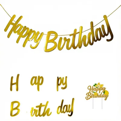 Image de Guirlande "Joyeux Anniversaire" dorée, bannière en papier avec 2 décorations suspendues