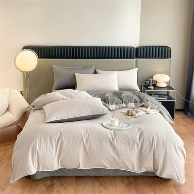 Zdjęcie produktu dla Komplet pościeli z prześcieradłem 180 x 200 cm - 4-elementowy zestaw, bawełna, kolor beżowy i ciemnoszary