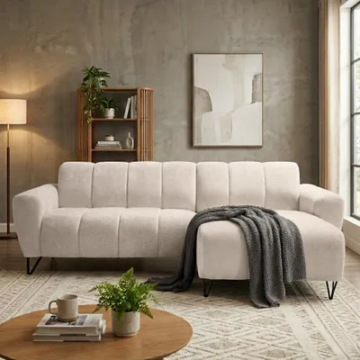 Produktbild von Ecksofa VOLARE MINI L-Form, Ottomane rechts, Chenille Vega in Hellbeige, Sofa ohne Schlaffunktion, dekorative schwarze Metallbeine