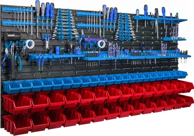 Zdjęcie produktu dla Wiszący panel narzędziowy 173x78cm z 50 szt. Montowane na ścianie niebieskie skrzynki z zestawem plastikowych uchwytów