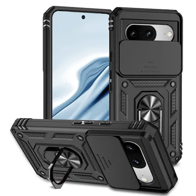 Immagine prodotto di Custodia per Google Pixel 8 a doppio strato con copertura scorrevole per la fotocamera e supporto ad anello nero
