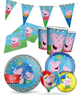 Produktbild von Peppa Pig Party Paket 47tlg mit Wimpelkette Tellern Bechern Servietten Ballons