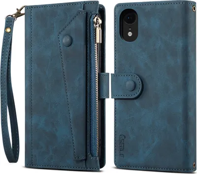 Image de Coque de protection pour iPhone XR, étui en cuir zippé, portefeuille pliable avec emplacement pour cartes, support et sangle bleu