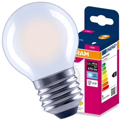 Immagine prodotto di Lampadina LED E27 a forma di sfera (P45), 4,2W = 40W, 470lm, 4000K (luce neutra), 300°, tecnologia Filament, marca Osram, Immagine generata dall'IA
