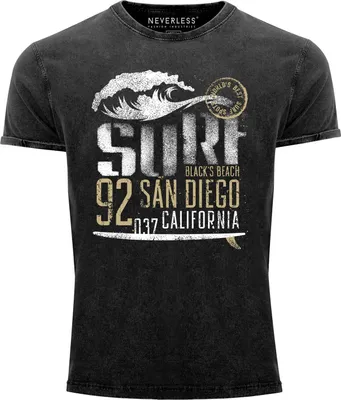 Produktbild von Herren Vintage Shirt Surf California T-Shirt Aufdruck San Diego Welle Used Look Slim Fit Neverless® schwarz M