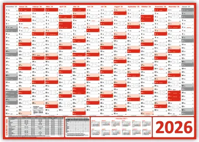 Produktbild von XL Wandkalender Wandplaner 2026 rot (gerollt) DIN A1 Format (594 x 841 mm) 14 Monate komplette Jahresvorschau Folgejahr und Ferientermine Feiertage aller Bundesländer