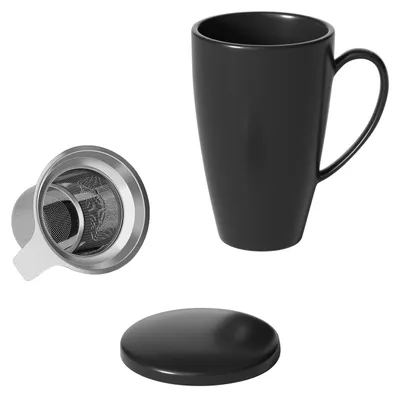 Produktbild von Intirilife Porzellan Kaffeetasse Teetasse Tasse mit Deckel und Teeaufgießer in Schwarz 350 ml Multifunktional