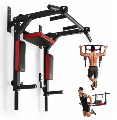 Immagine prodotto di Relaxdays, barra per trazioni con supporto per dip, montaggio a parete, portata 150 kg, acciaio, dimensioni: 76 x 94 x 48 cm, barra per trazioni 2-in-1, colore nero