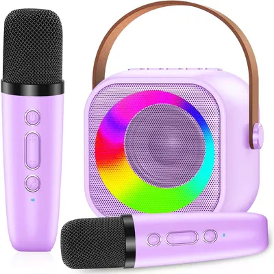 Zdjęcie produktu dla Zestaw karaoke Mini przenośny karaoke - 2 bezprzewodowe mikrofony - Z podświetleniem - Bluetooth - Dla dzieci i dorosłych