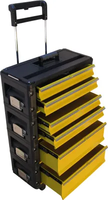 A black and yellow rolling tool chest with multiple drawers, shown from a slightly elevated diagonal angle against a white background.
