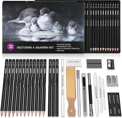 Produktbild von PromoHome® 30-teiliges Zeichen- und Skizzen-Set – Graphit, Holzkohle, Wischstäbchen, Radierer, Anspitzer, für Künstler