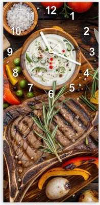 Produktbild von Wanduhr aus Glas mit Motiv Grillmahlzeit- 30 x 60 cm - inkl. Aufhängesystem