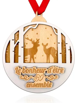 Houten kerstbal, handgemaakt, Ø 10 cm, rot satijnlint, Frankrijk