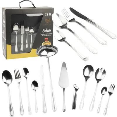 A collection of stainless steel cutlery, including spoons, forks, knives, and serving utensils, displayed against a white background. Some items are shown within their original packaging.