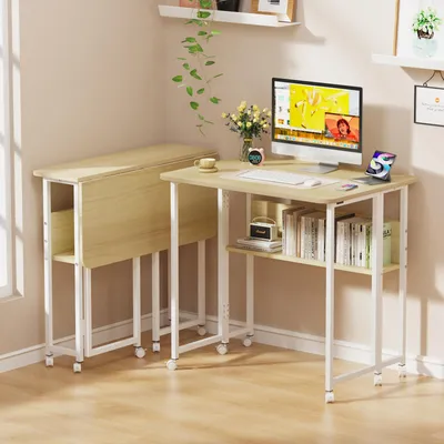 Produktbild von Kleiner Schreibtisch Klappbar, Computertisch mit Rollen,Arbeitstisch mit Regal,Platzsparend Multifunktional Homeoffice Büro 80x58x75cm Holzfarbe