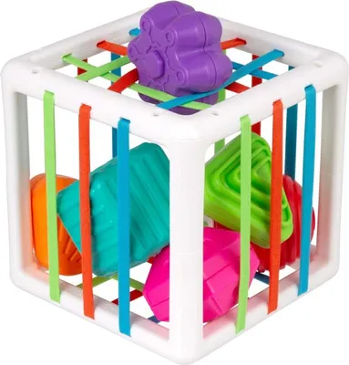 Produktbild von Playgro Gitterformeinsatz für Babys, Lernspielzeug mit 6 bunten Formen, verschiedenen Texturen und Rassel, fördert Feinmotorik