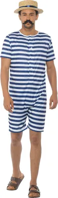 A man wearing a vintage-style blue and white striped swimsuit and a straw boater hat.