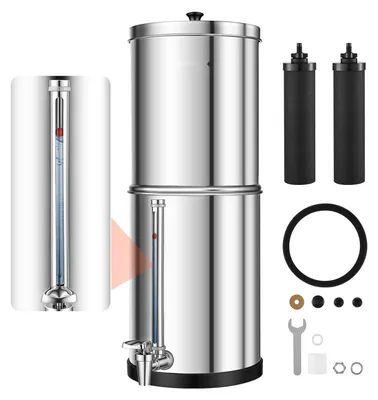 Produktbild von Schwerkraft-Wasserfilter - Tisch-Wasserfiltersystem 5,7 l - Edelstahl 304 - Reduziert Blei und 99 % Chlor - 2 Aktivkohlefilter - Wasserstandsanzeige - Für Zuhause und Camping