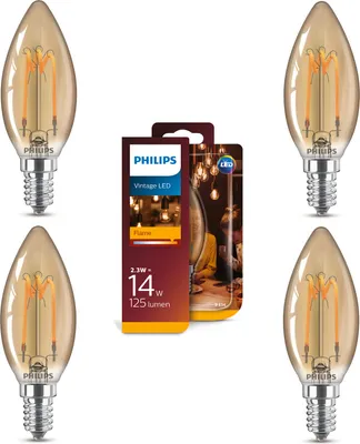 A product shot of Philips LED filament light bulbs and their packaging.