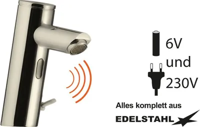 Produktbild von Sensor-Waschtischarmatur aus Edelstahl mit Temperaturvorwahl Höhe 145 mm