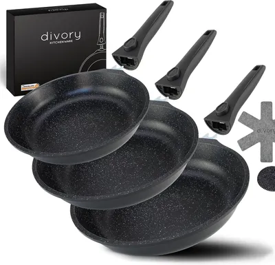 Image de Ensemble de 3 poêles avec poignées amovibles, de 20 cm, 24 cm et 28 cm, compatible avec les plaques à induction