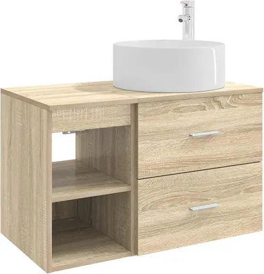 Image de Ensemble de meubles de salle de bain 2 pièces en chêne Sonoma, ensemble de meubles de salle de bain moderne comprenant un lavabo et une robinetterie, meuble vasque suspendu et armoire de salle de bain