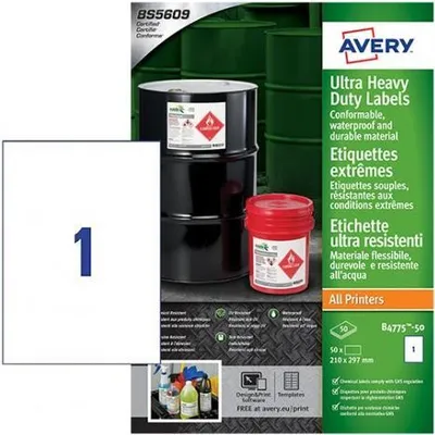 Immagine prodotto di Avery-Zweckform B4775-50 210 x 297 mm film di polietilene bianco 50 pezzi etichette universali permanenti laser 50 fogli DIN A4 (B4775-50)