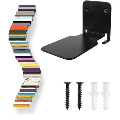 A collection of colorful books arranged in a curve, a black metal shelf bracket, and screws and wall plugs.
