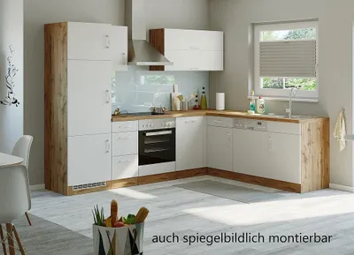 Produktbild von Winkel Eck Küche Sorrento in weiß 270 x 210 cm mit Herd Glaskeramik Kochfeld Geschirrspüler Kühlschrank Dunsthaube und Spüle