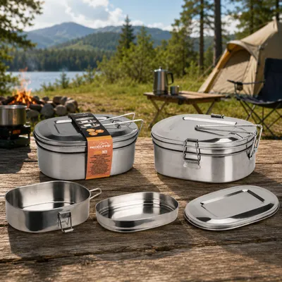 Produktbild von Lunchbox aus Edelstahl 2 Stück 1250 ml Tragegriff und Metallverschluss