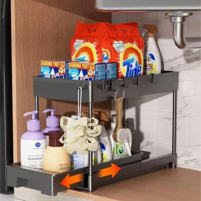 Produktbild von Famanu Unterbauschrank-Organizer mit 2 Ebenen und 10 Haken - Schwarz