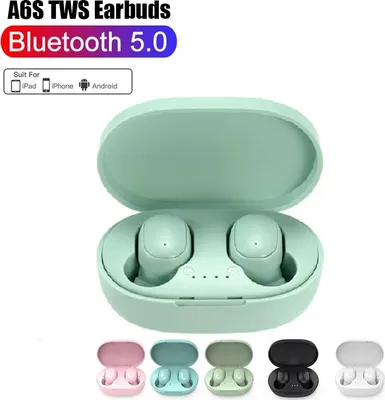 A product image showcasing A6S TWS earbuds in a green charging case, with multiple color options displayed below.