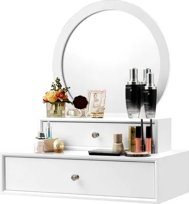 Produktbild von Spiegel mit 2 Schubladen, Wandschminktisch mit rundem Spiegel, Frisiertisch, Kosmetiktisch für Wohnzimmer, Schlafzimmer, Badezimmer usw, Wandmontage, 50,6 x 26 x 58,6 cm, Weiß