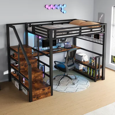 Obrázek produktu pro MODFU Patrová postel 140x200 Studentská postel se schody s úložným prostorem a LED světelnou lištou,Funkční postel s psacím stolem a USB Typ-C Dětský pokoj,Černá,Bez matrace