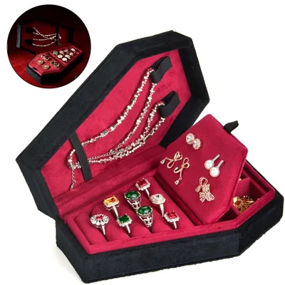 Produktbild von Schmuckkästchen Sarg Gothic Samt 17,5cm Mini Schmuckbox weich gepolstert für Ringe Halsketten Halloween Deko