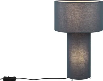 A table lamp with a fabric shade is shown against a white background.