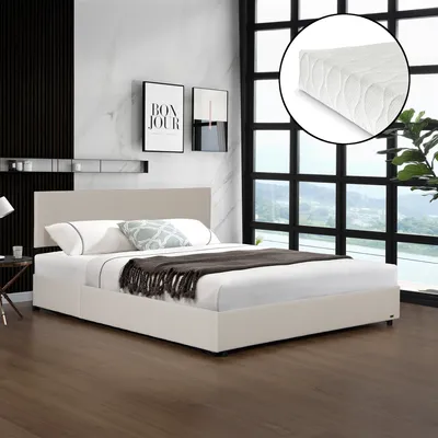 Image de Lit rembourré 'Juva' lit double avec matelas coffre de lit et sommier à lattes relevable 140 x 200 cm Velours côtelé Beige