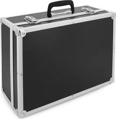 A black and silver tool case is shown against a white background.