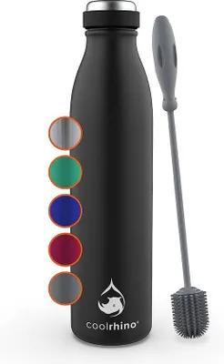 Image de Gourde en acier inoxydable coolrhino 500 ml, 1 L – Gourde de sport adaptée aux boissons gazeuses, avec brosse de nettoyage incluse – Sans BPA, étanche – Gourde isotherme et thermos pour l'université, l'école, la salle de sport, les activités de plein air et le camping