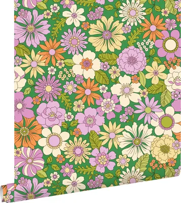 Obrázok produktu pre ESTAhome tapety retro kvety zelená, fialová, béžová a oranžová 50 x 900 cm