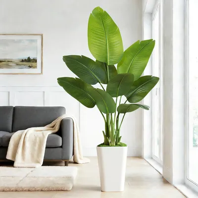 Produktbild von Künstliche Paradiesvogelblume, groß, 150 cm, mit weißem Topf, künstlicher Tropenbaum mit 9 Blättern, große künstliche Pflanze, perfekt für die Dekoration von drinnen und draußen, Zuhause, Büro, Garten