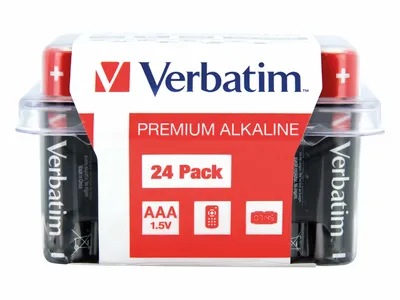 A pack of Verbatim AAA alkaline batteries.
