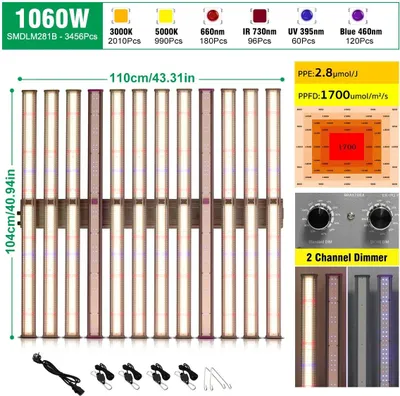 Obrázok produktu pre LED rastlinná lampa – 1060 W – plné spektrum 3000 K/730 nm/395 nm – stmievateľná otočným gombíkom – PPFD 1700 µmol/m²/s – IP65 – AC 100–277 V – LM281B